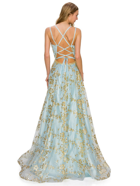 BLISS by Cinderella Couture Open Back Glitter Juniors Dress with Sequin Beaded Waistline, Sizes XS-3XL - SophiasStyle.com